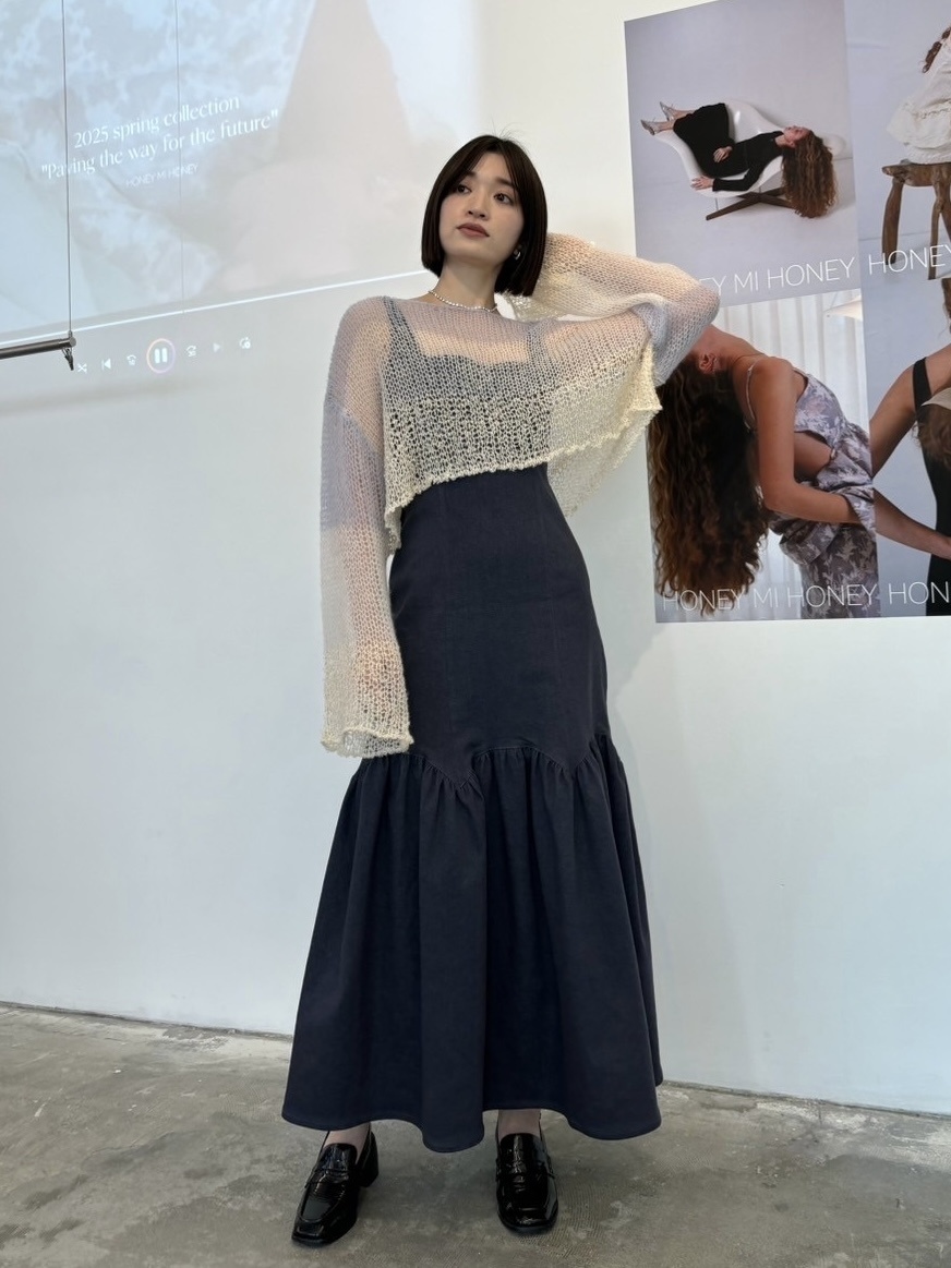 ハニーミーハニーアイボリー 花モチーフ クロップドニット新品未使用 HONEY MI HONEY｜クロシェボーダークロップドニット｜涼しげな鍵編み